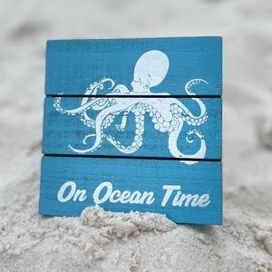 ON OCEAN TIME - Wood Sign w Octopus & Sea Glass Coastal Beach Nautical Decor Lot